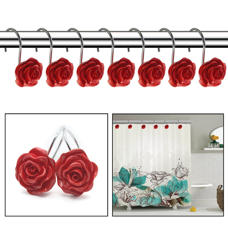 FINROS 12 PCS Home Fashion Decorative Anti Rust Shower Curtain Hooks Rose Design Shower Curtain Rings Hooks (RED) Red - NewNest Australia