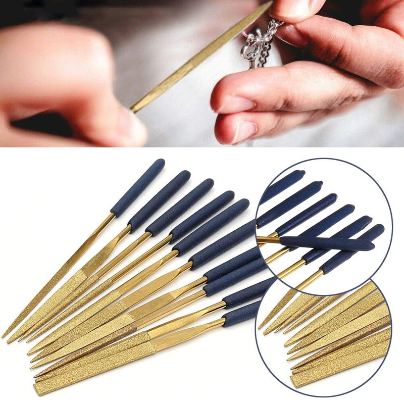 Yakamoz 10Pcs Titanium Coated Small Diamond Needle File Set 4x160mm Mini Round Triangular Square Flat Shape Metal Riffler Files Jewelers File Precision Hand Tools for Glass Wood Stone Jewelry - NewNest Australia