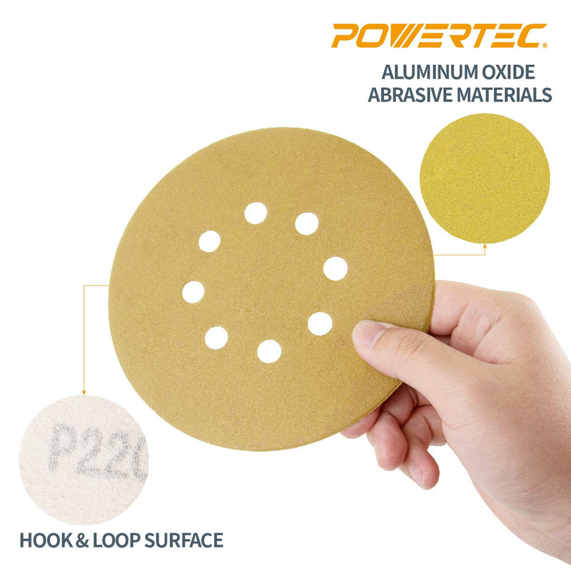 POWERTEC 44215G-50 Gold 6” Hook and Loop Sanding Disc | 8 Hole | 150 Grit – 50 Pack - NewNest Australia