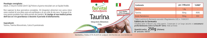 Fairvital Taurine 250 G Powder, Extra High Dose, With Thiamine And Pantothenic Acid, Pure, Without Additives, 100% Vegan, For 4.5 Months, Quality Tested, Made In Germany - NewNest Australia