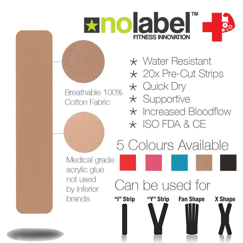 NO LABEL Beige Pre Cut Kinesiology Tape - 5m Roll Pre-Cut Beige Body Tape - Beige Sports Tape - Beige Medical Tape - Beige Physio Tape - Beige Muscle Tape for Muscle Recovery - Free PDF Taping Guide 1 x Roll - NewNest Australia