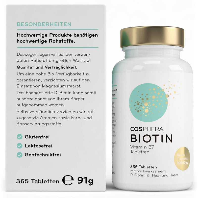 Biotin tablets - High dose with 10,000 mcg D-biotin per tablet - 365 vegan tablets in a 1-year supply - for beautiful hair and skin - Vitamin B7 contributes to the maintenance of normal skin and hair - NewNest Australia