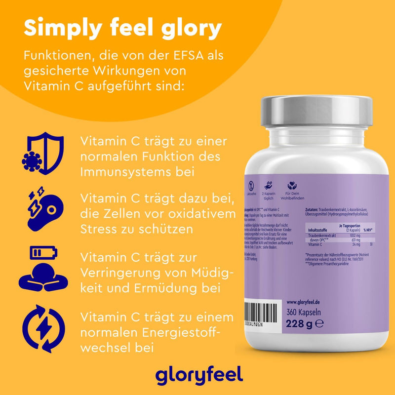 OPC Grape Seed Extract 360 capsules - 1052mg extract + vitamin C per daily dose - Made from original French grapes - 6 month pack - Laboratory tested, Vegan made in Germany - NewNest Australia