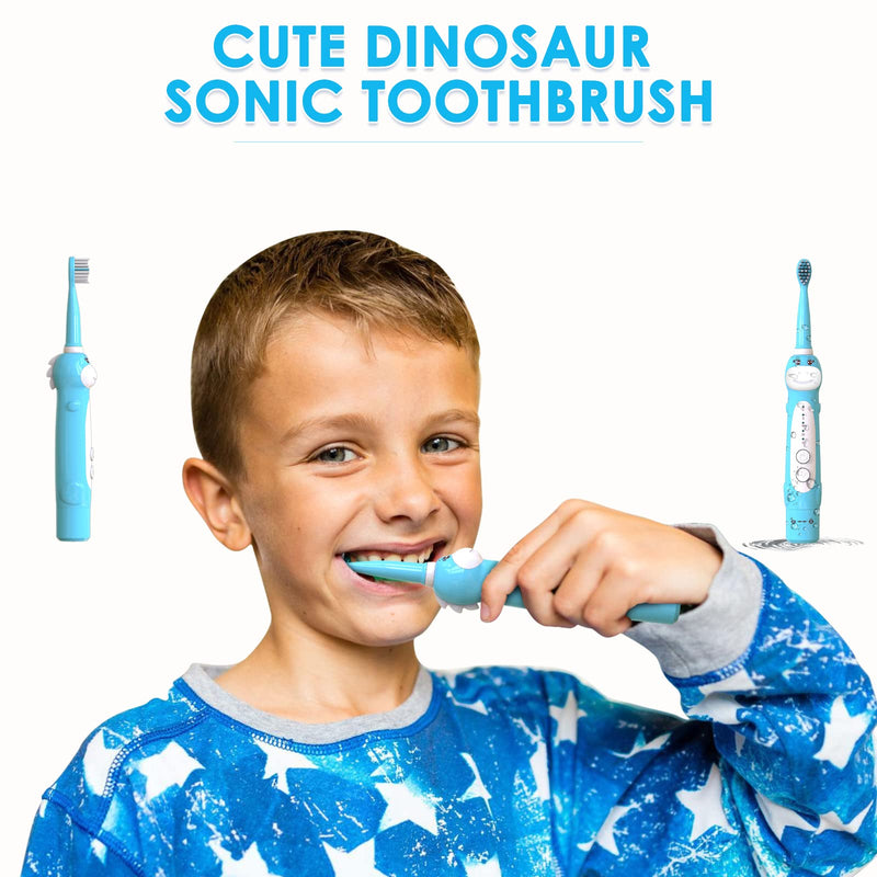 Dinosaur Toothbrush, Kids Sonic Electric Toothbrush for Children, Toddlers Boys Girls Age 3-12 with 30s Reminder, 2 Mins Timer, 5 Modes, 6 Brush Heads, Rechargeable, Wall-Mounted Holder 8680 Blue+ 6 Heads+ Holder(package Might Vary) - NewNest Australia