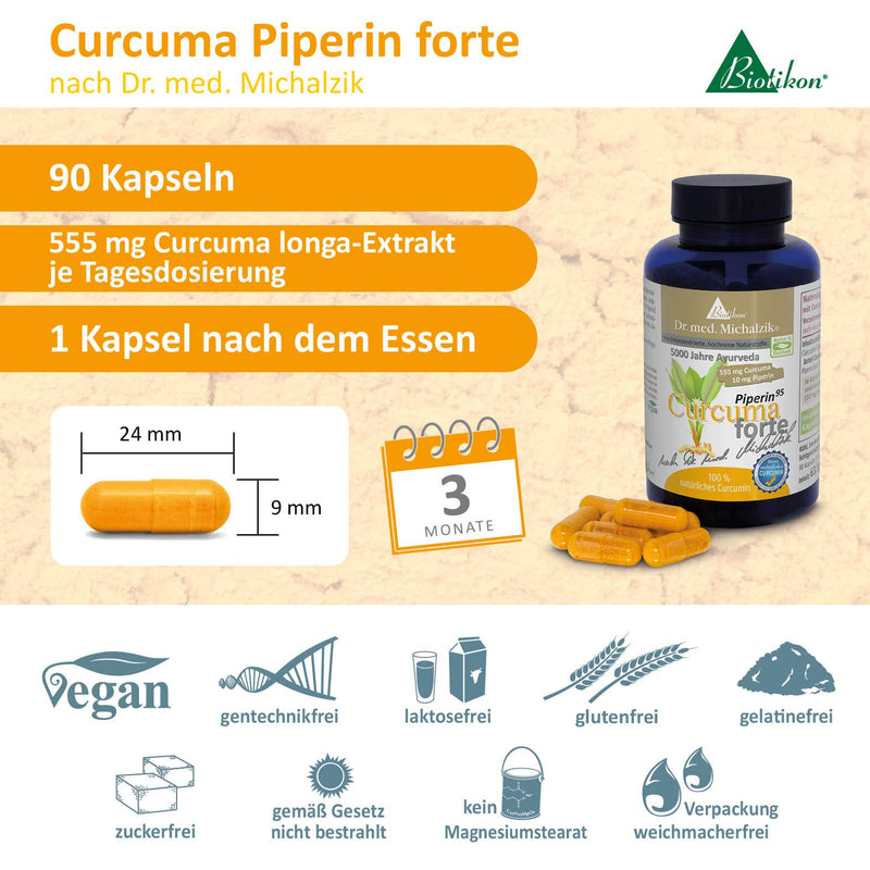 Curcuma Piperin forte Dr. med. Michalzik - high curcumin content - 527.25 mg curcuminoids - 10 mg piperine extract (95% piperine) per capsule - 90 capsules - PURELY NATURAL proven C14 ISOTOP ANALYSIS - from BIOTIKON® - NewNest Australia