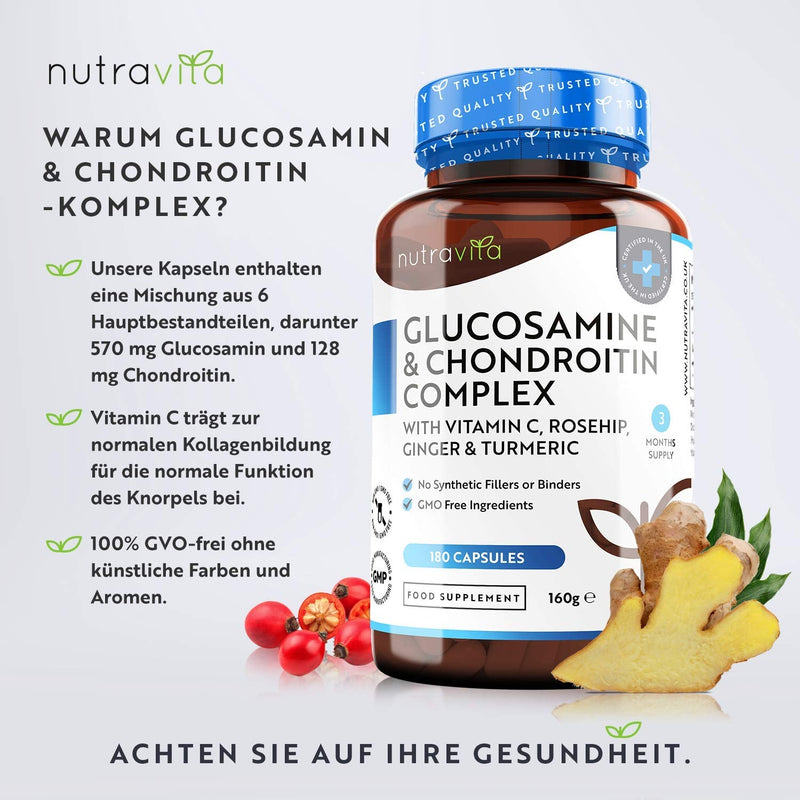 Glucosamine & Chondroitin Complex - 180 capsules - with vitamin C, turmeric, ginger and rose hip - GMO free and without additives - high dosage - NewNest Australia