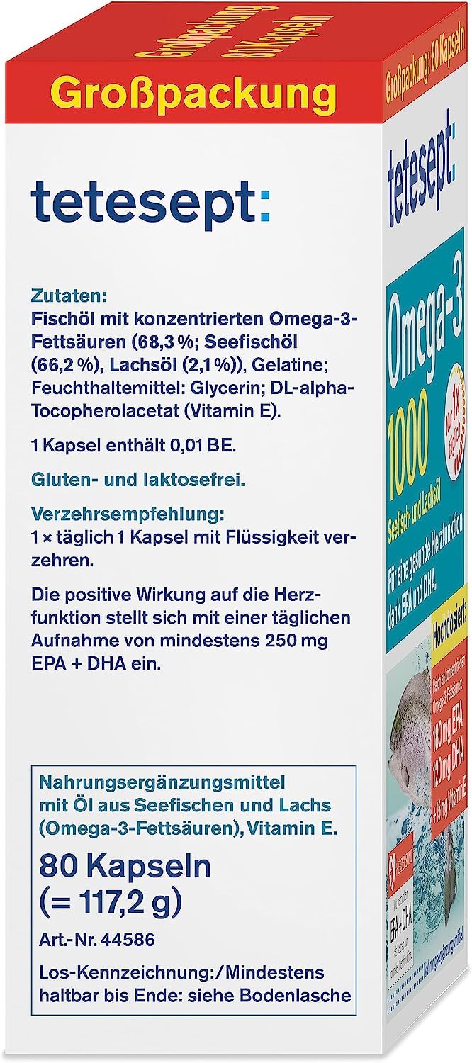 Tetesept Omega-3 1000 - Sea Fish And Salmon Oil Capsules - High Dose Omega 3 Fatty Acids Dha, Epa And Vitamin E - Supports Cardiovascular System - 1 X 80 Capsules [Dietary Supplement] - NewNest Australia
