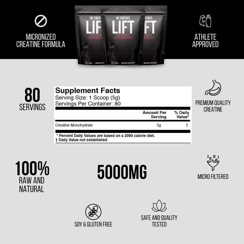 Xwerks Lift Pure Creatine Monohydrate Powder - 80 Servings - Raw 100% Natural 5000mg Formula Micronized Creatine - Highly Soluble Supplements for Power Strength Muscle Growth and Repair - Unflavored - NewNest Australia