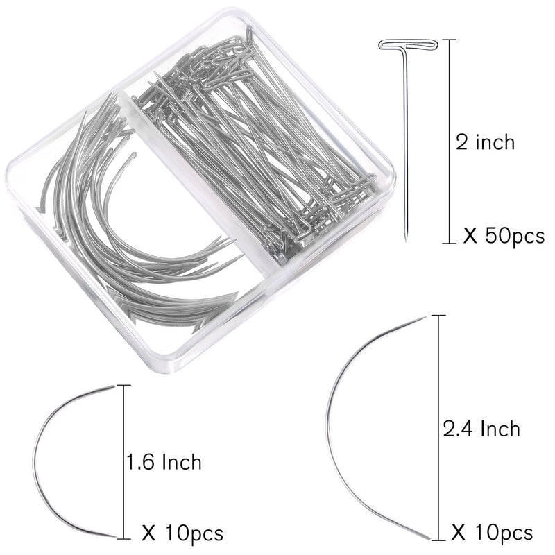 70 Pieces Wig Making Pins Needles Set, Wig T Pins and C Curved Needles Hair Weave Needles for Wig Making, Blocking Knitting, Modelling and Crafts - NewNest Australia