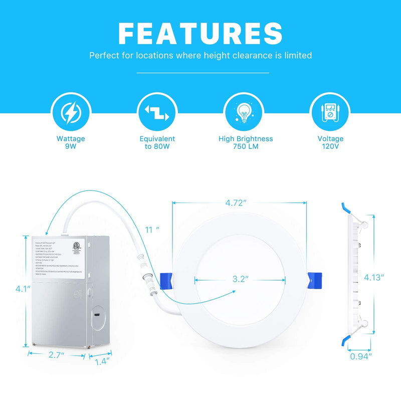 Ensenior 1 Pack 4 Inch Ultra-Thin LED Recessed Ceiling Light with Junction Box, 2700K Soft White, 9W 75W Eqv, Dimmable Can-Killer Downlight, 750LM High Brightness - ETL and Energy Star Certified 2700k - Soft White - NewNest Australia