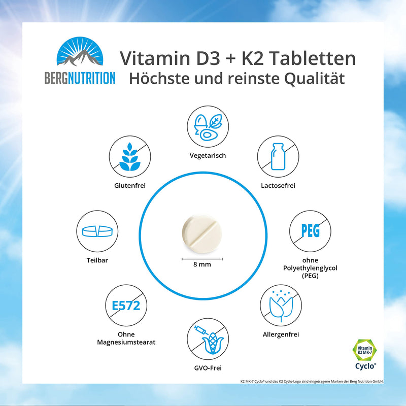Berg Nutrition Vitamin D3 10,000 IU + 200 µg K2 99+% ALL-Trans, 365 vegetarian tablets, high dosage and divisible, premium vitamin D tablets, vitamin D 3 and vitamin K 2 - NewNest Australia