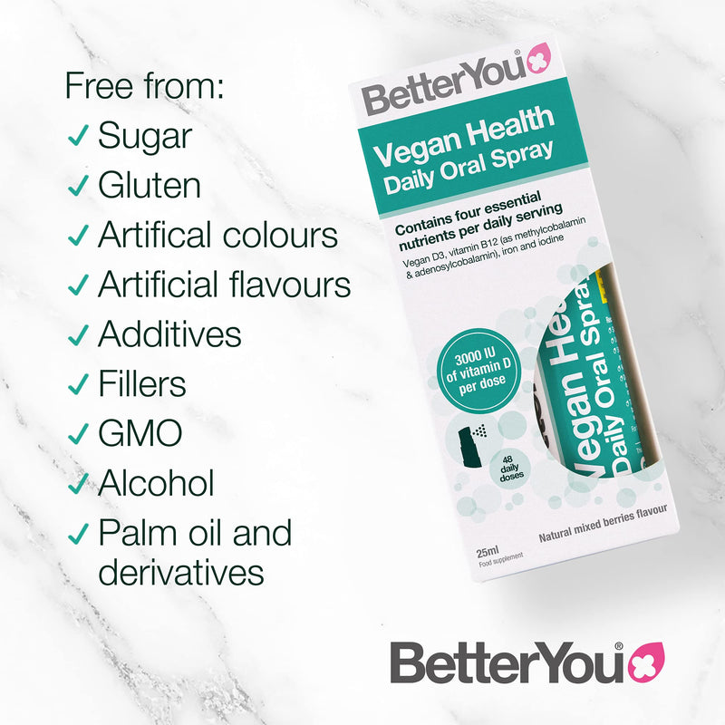 Better You Vegan Health Daily Oral Spray |3000 IU (75UG) of Vitamin D | Contains Vitamin D, Vitamin B12, Iron and Iodine | 25ml | Natural Mixed Berries Flavour - NewNest Australia