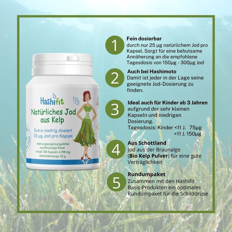 Extra low dosage - 25µg natural iodine from kelp - 120 mini capsules - can be finely dosed in small, fine doses for iodine sensitivity and thyroid Hashimoto - NewNest Australia