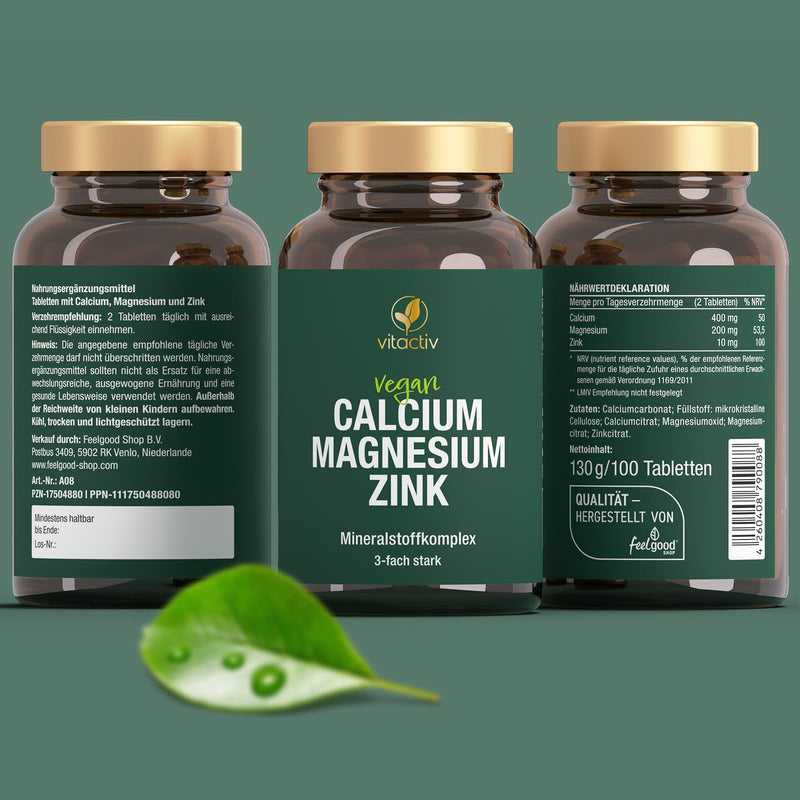 VITACTIV Calcium Magnesium Zinc Tablets - High-dose mineral complex for bones, muscles, skin & hair - Calcium citrate, magnesium citrate and zinc citrate - High bioavailability, vegan - 100 pieces - NewNest Australia
