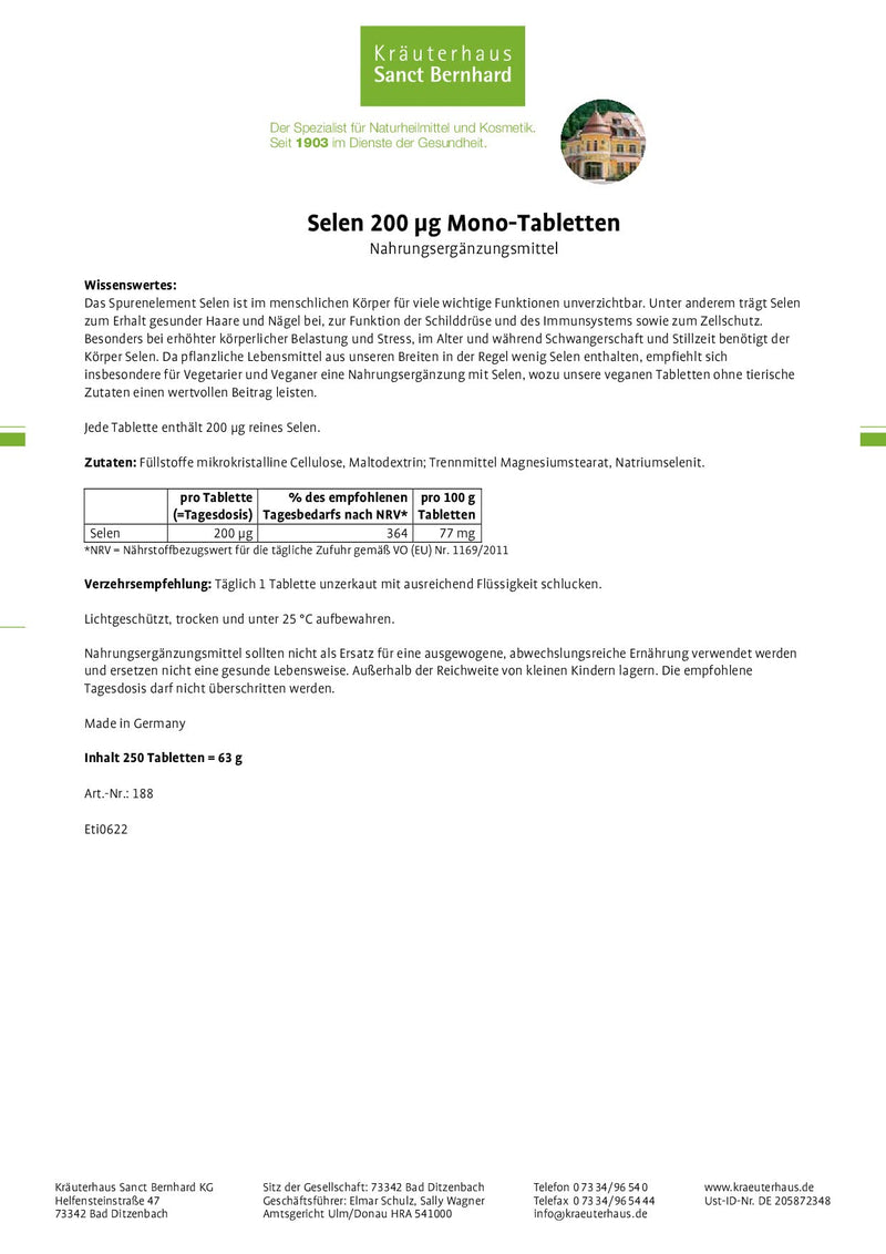 Sanct Bernhard Selenium 200 µg mono tablets | Vegan | 250 tablets - NewNest Australia