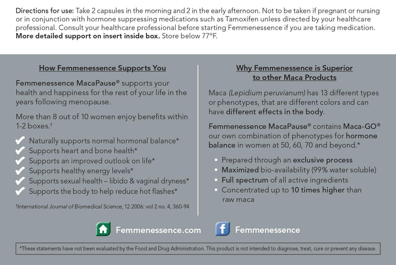 Femmenessence MacaPause – Clinically Proven for Post Menopause, Natural Hormone Balance Supplement for Women | Bone and Heart Health, Symptom Relief, 120 Gelatinized Maca Vegan Capsules, 30-Day Supply - NewNest Australia