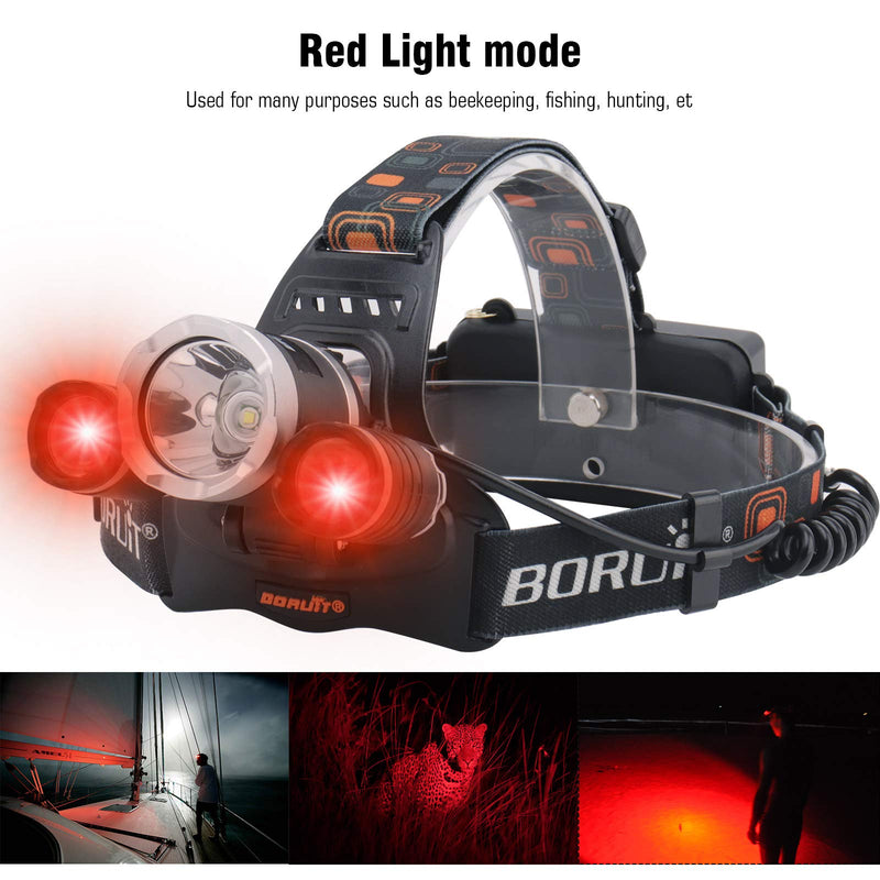 BORUiT RJ-3000 LED Rechargeable Headlamp - White & Red LED Hunting Headlamps - Red Backlight - 3 Mode 5000 Lumens Tactical Flashlight Head Lamp for Running, Camping, Hiking & More Red Light Headlamp - NewNest Australia
