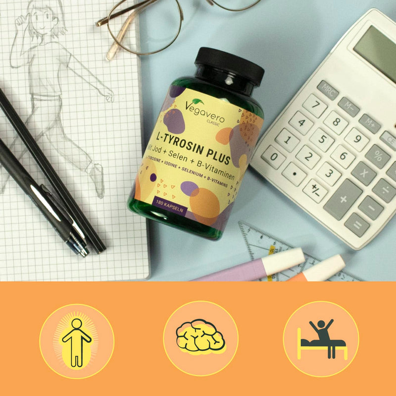 L-Tyrosine 180 capsules with iodine, selenium & B vitamins, vegan & without additives - NewNest Australia