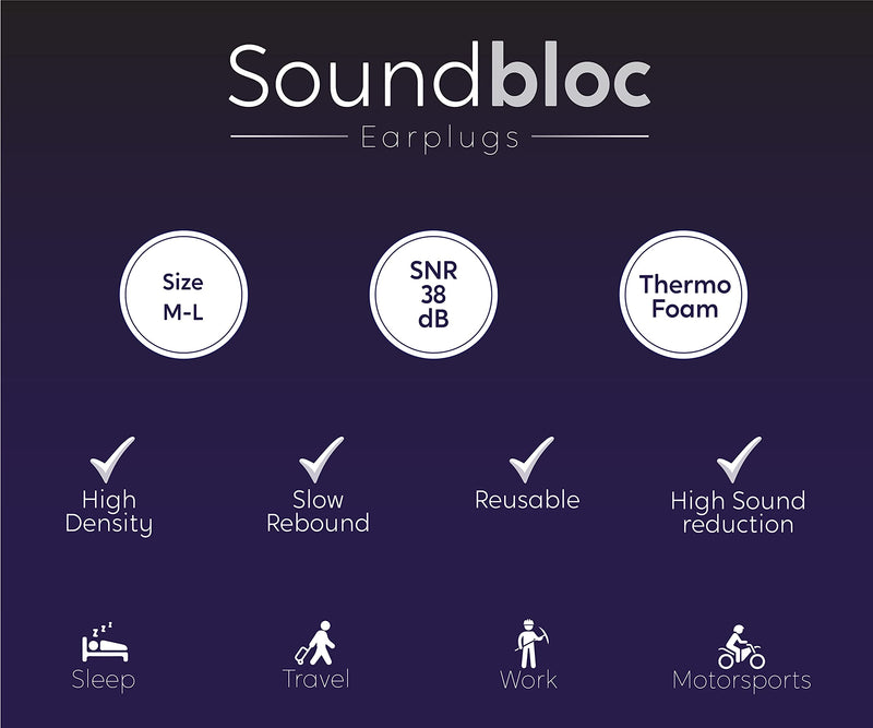 Soundbloc™ Thermo Foam Earplugs - 60 Pairs - 38dB - High Noise Cancelling Ear Plug, Foam Ear Plugs for Sleeping, Travelling, Working, Protection, Motorsports Size M/L Medium - Large - NewNest Australia