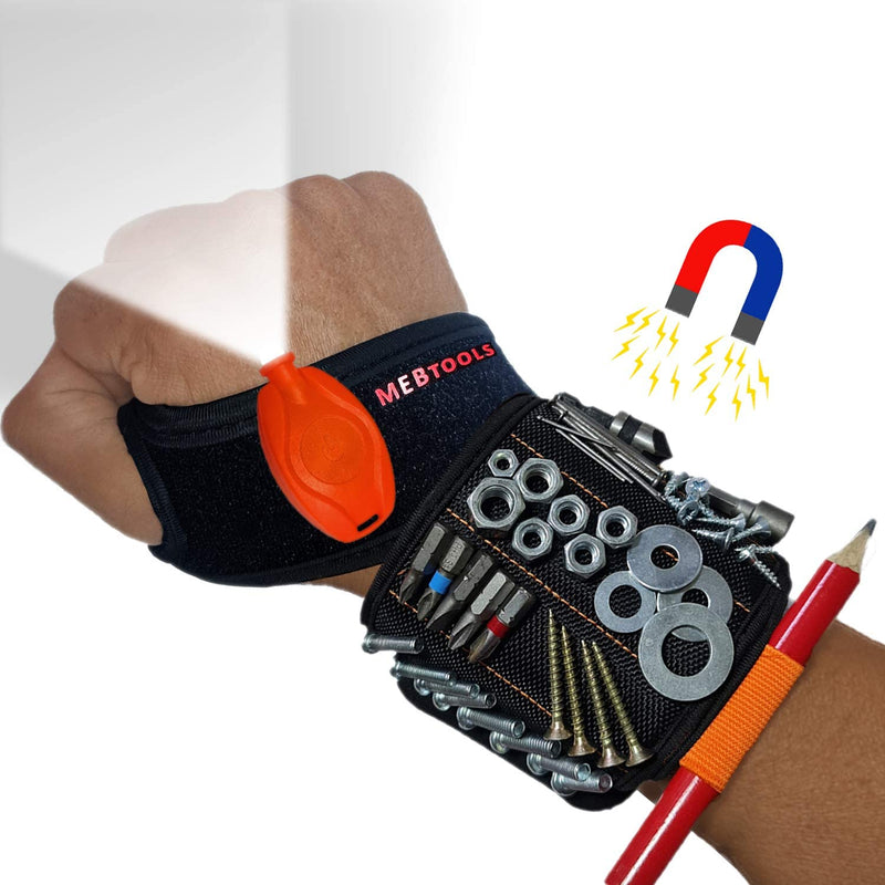 Magnetic Wristband with Flashlight and Tape Measure – Screw, Drill Bit, and Nail Holder with 20 Strong Magnet Pieces Increases Convenience for DIY, Carpenters, Mechanics, and More by MEBTOOLS Adjustable Black - NewNest Australia