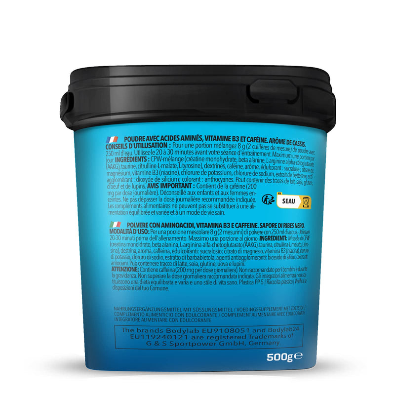 Bodylab24 Concentrated Pre-Workout Booster Blackcurrant 500g, energy booster with creatine, beta-alanine, arginine, niacin and caffeine in the optimal ratio for more power during training 500g (pack of 1) - NewNest Australia