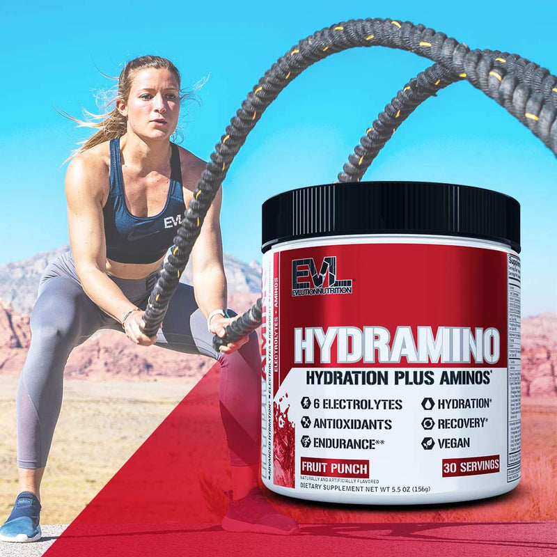 Evlution Nutrition HYDRAMINO Complete Hydration Multiplier, All 6 Electrolytes, Vitamin C & B, Fluid Boosting Aminos, Coconut Water, Endurance, Recovery, Antioxidants, 30 Serve, Fruit Punch - NewNest Australia