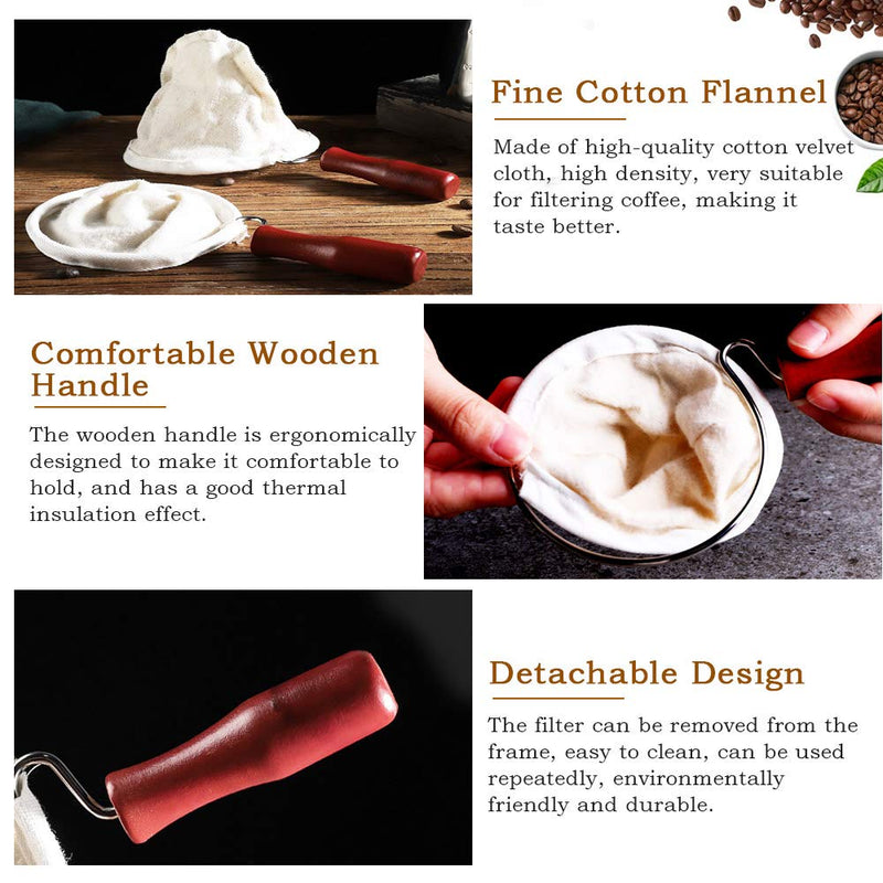 EMAGEREN 2 Pcs Coffee Filter Cloth Tea Filter Handmade Cafe Flannel Cloth Filter Bag Tea Strainer Coffee Sock Bag Reusable Flannel Coffee Dripper with Wooden Handle for Home Office Handmade Cafe Use - NewNest Australia