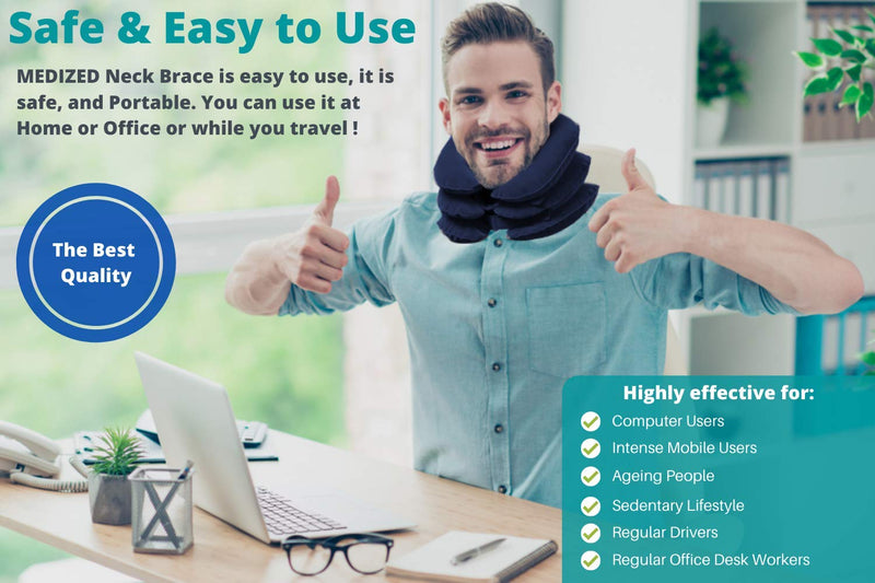 MEDIZED® Cervical Neck Stretcher Traction Device, Neck Support Brace, Inflatable & Adjustable Neck Support Pillow is Ideal for Spine Alignment & Chronic Neck Pain Relief Blue - NewNest Australia