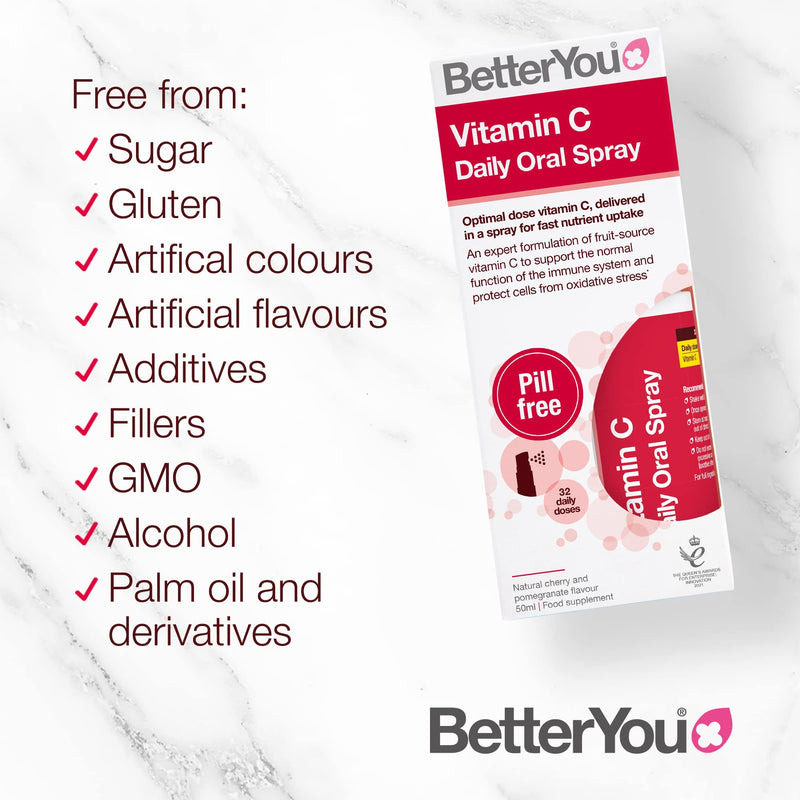 BetterYou Vitamin C Daily Oral Spray | Selenium, Vitamin B2 and Green Tea Extract | 100mg per daily serving | Natural Cherry and Blueberry Flavour | 25ml - NewNest Australia