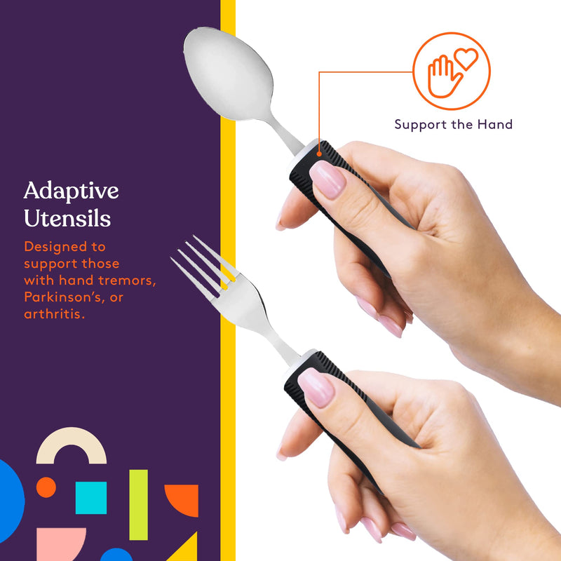 Special Supplies Adaptive Utensils (5-Piece Kitchen Set) Wide, Non-Weighted, Non-Slip Handles for Hand Tremors, Arthritis, Parkinson’s or Elderly use - Stainless Steel Knives, Fork, Spoons - Black - NewNest Australia
