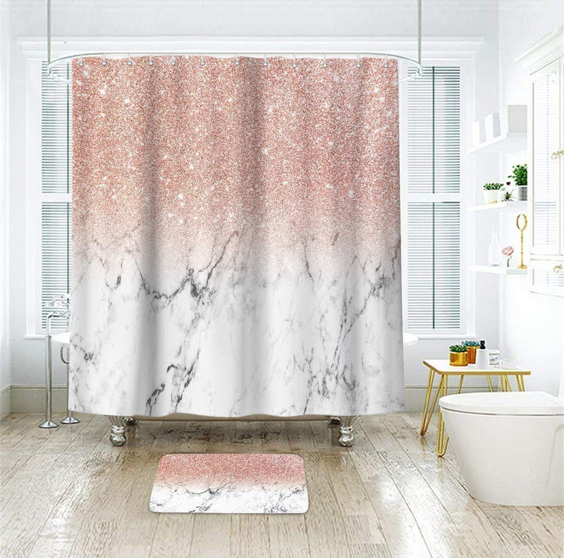 LIGHTINHOME Pink Bling (Not Glitter) Shower Curtain White Marble Rose Gold 60Wx72H Ombre Grey Lines Hazy Black Stripes Trendy Modern Waterproof Bathroom Home Decor Set 12 Plastic Hooks Pink Marble - NewNest Australia