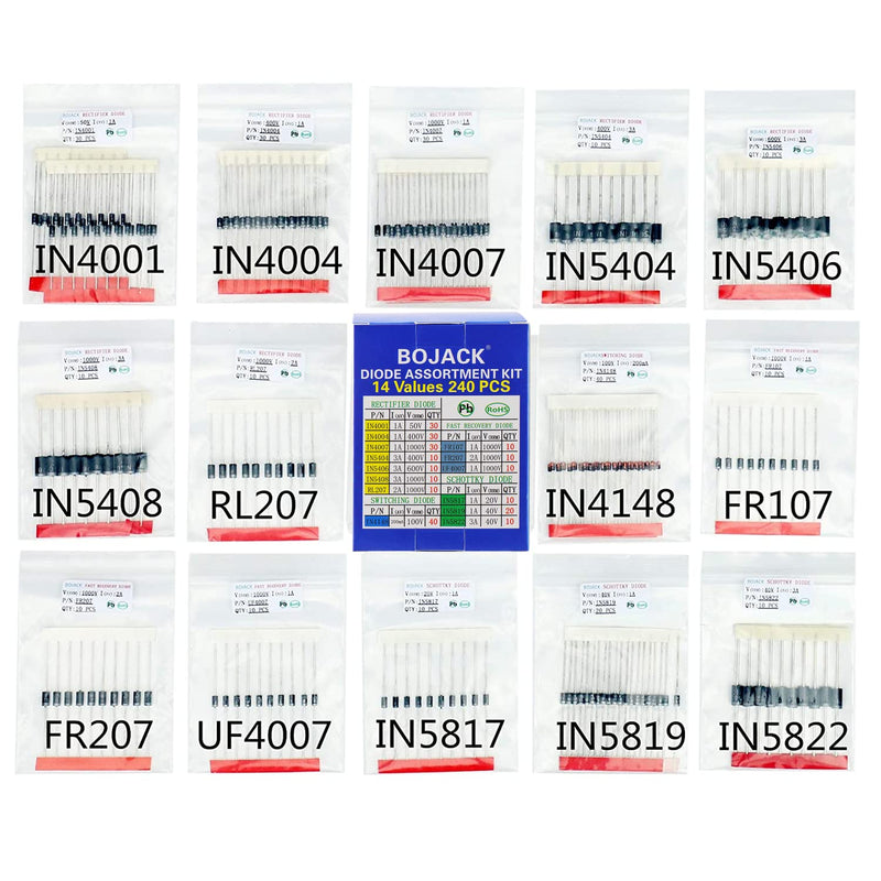 BOJACK 14 Value 240 pcs Diode Assortment Kit Contain Rectifier/Fast Recovery/Schottky/Switching Diode 1N4001 1N4004 1N4007 1N5404 1N5406 1N5408 RL207 FR107 FR207 UF4007 1N5817 1N5819 1N5822 1N4148 - NewNest Australia