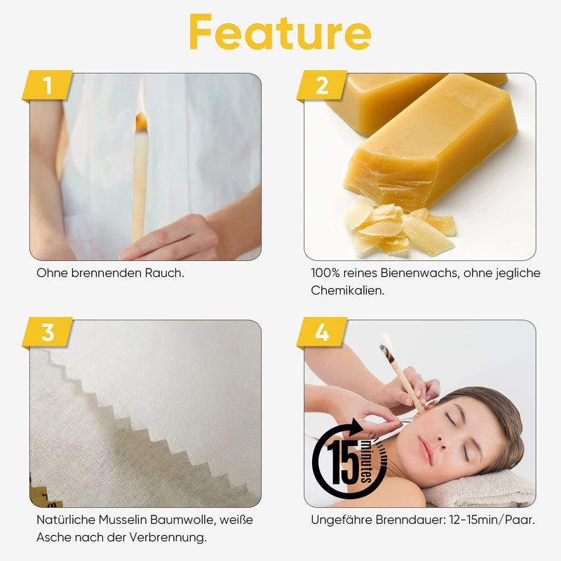 Pack of 10 beeswax ear candles, natural ear candles for cleaning, non-toxic, cylindrical with safety filter, protective discs and cotton swabs - NewNest Australia