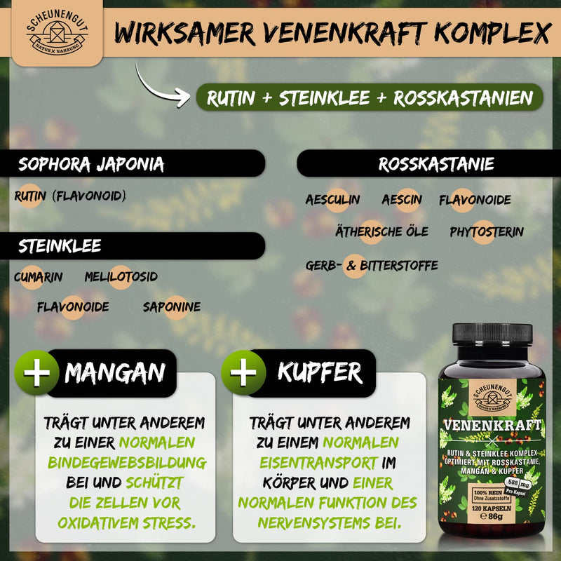 Venenkraft Rutin Stone Clover Capsules High Dose - Important: Laboratory Tested 5-Way Vein Complex With Rutin, Stone Clover, Horse Chestnut Extract, Manganese + Copper I 120 Vein Capsules I From De I Schaunengut - NewNest Australia