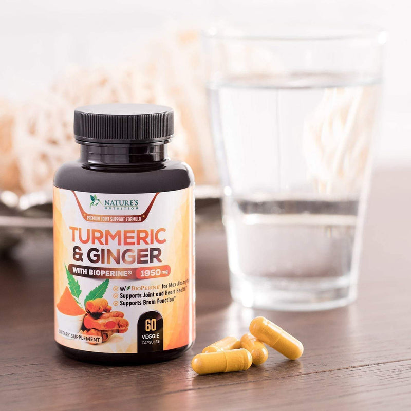 Turmeric Curcumin with BioPerine & Ginger 95% Curcuminoids 1950mg - Black Pepper for Absorption, Made in USA, Natural Immune Support, Turmeric Ginger Supplement by Natures Nutrition - 60 Capsules 60 Count (Pack of 1) - NewNest Australia