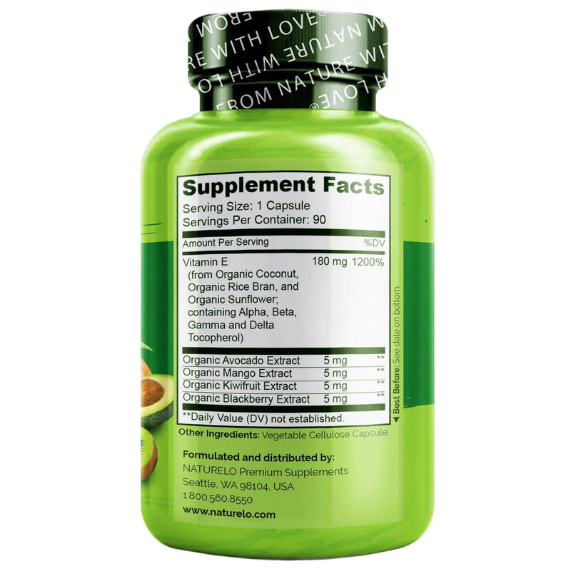 NATURELO Vitamin E - 180 mg (300 IU) of Natural Mixed Tocopherols from Organic Whole Foods - Supplement for Healthy Skin, Hair, Nails, Immune & Eye Health - Non-GMO, Soy Free - 90 Vegan Capsules 90 Count (Pack of 1) - NewNest Australia