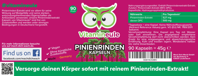 Pine bark extract capsules - high dosage - 500 mg pure OPC - 527 mg extract - quality from Germany - without additives - vegan - laboratory tested - strong antioxidant - Vitamineule® - NewNest Australia