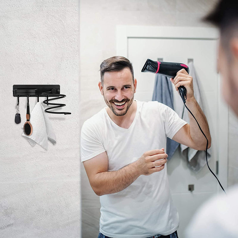 YUET Hair Dryer Holder Hairdryer Station Wall Mounted Spiral Shelf Rack Stand Hanger Straightener Organizer Storage Blow Bathroom with Three Hooks Professional Aluminum Silver (Black) Black - NewNest Australia