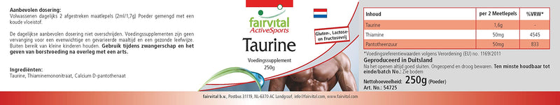 Fairvital Taurine 250 G Powder, Extra High Dose, With Thiamine And Pantothenic Acid, Pure, Without Additives, 100% Vegan, For 4.5 Months, Quality Tested, Made In Germany - NewNest Australia