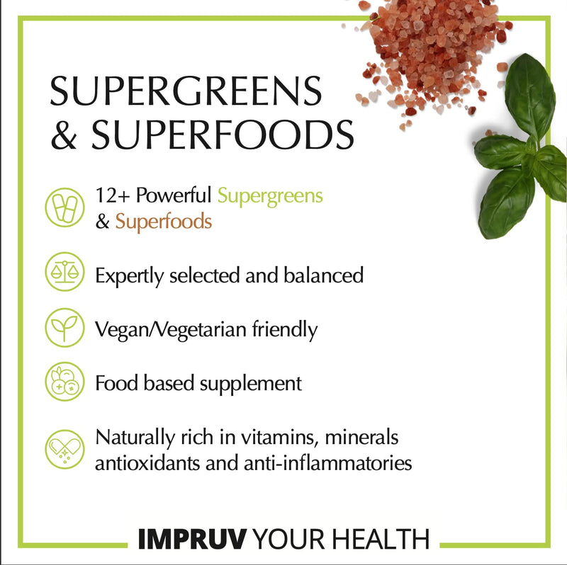 IMPRUVIT SUPERGREENS & SUPERFOOD CAPS 60 Vegan Capsules with Spirulina Turmeric Ginger Root Black Pepper Maca Root. Plant Based Antioxidant Anti-Inflammatory That Supports Whole Body Health & Immunity - NewNest Australia