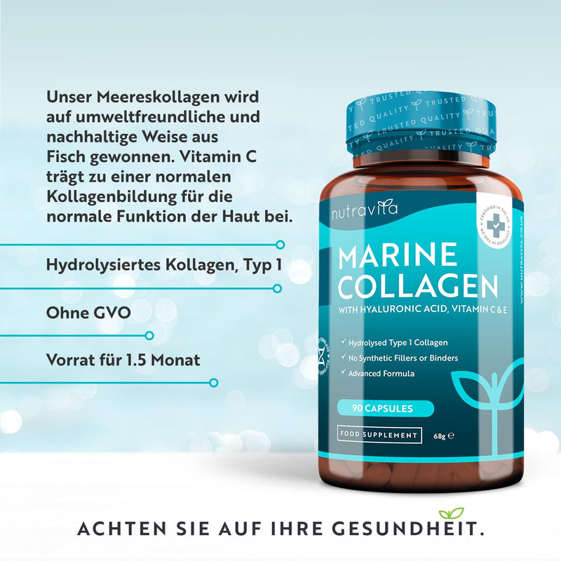 Marine Collagen - 1000 Mg - 90 Capsules With Premium Hydrolysed Type 1 Collagen - Enriched With Hyaluronic Acid, Vitamin C, E, B2, Zinc, Copper And Iodine - Made By Nutravita - NewNest Australia