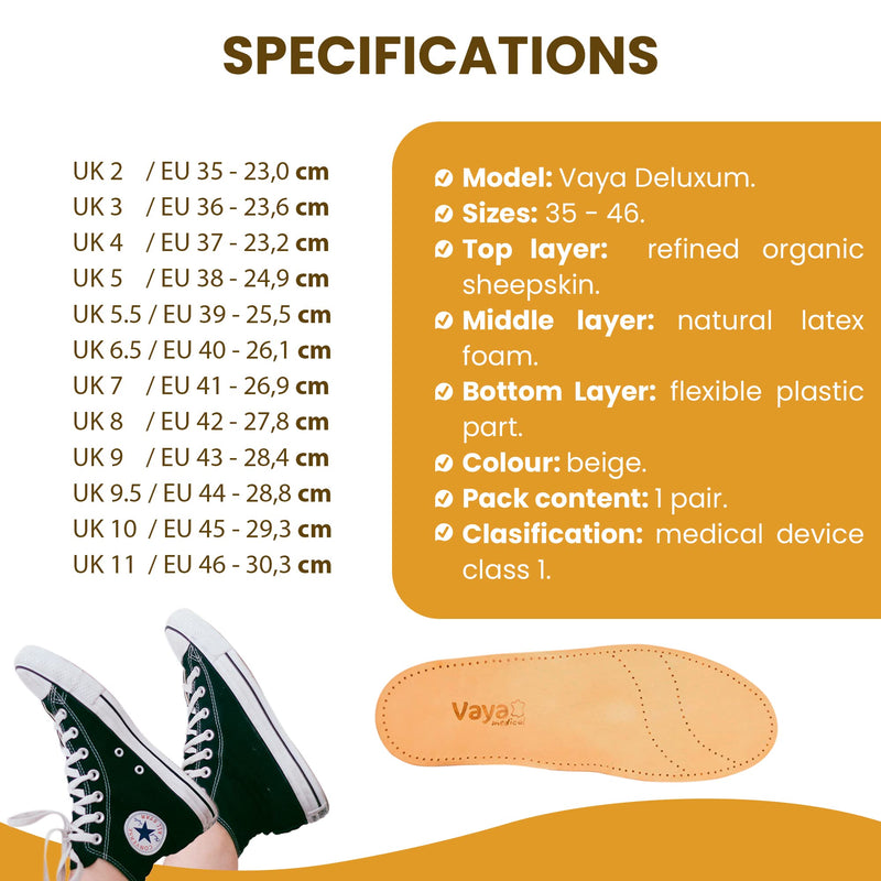 Vaya Deluxum - Premium Sheepskin Orthopedic Insole - Fallen Arch Support, Metatarsalgia, Supination, Flat Feet & Heel Pain Shock Absorption - Comfortable leather Inner Sole Full Orthotic (Men & Women) 5.5 - NewNest Australia