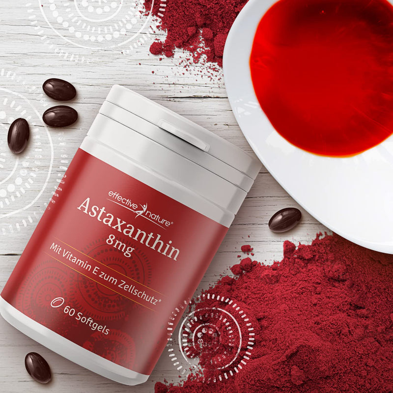High-dose astaxanthin capsules - 60 capsules for 30 days - 8 mg astaxanthin per day - With vitamins C and E - 100% natural origin - No additives - NewNest Australia