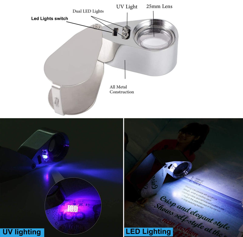 40X Metal Illuminated Jewelers Loop Magnifier Glass, JLY Loupe Magnifier with Light and Pocket Folding, Handheld Jewelers Eye Loop for Jewelry Identifying, Currency Detecting, Rock Collecting, Stamps - NewNest Australia