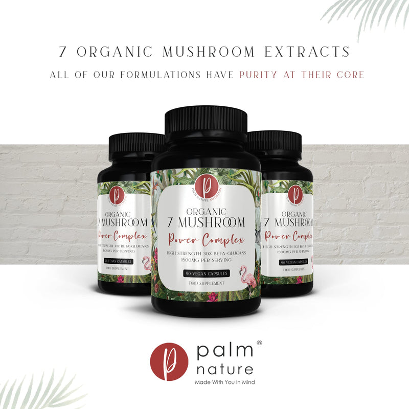 Palm Nature 7 Mushroom Complex - High Strength Extracts Not Powders - 30% Beta-Glucans - 90 Vegan Capsules - 1500mg Per Serving - Lions Mane, Chaga, Reishi, Shiitake, Maitake, Tremella, Cordyceps - NewNest Australia
