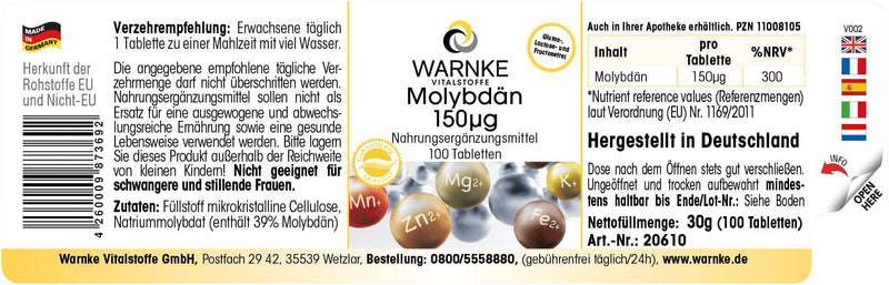 Molybdenum 150µg - 100 tablets - vegan - essential trace element | Warnke vital substances - NewNest Australia
