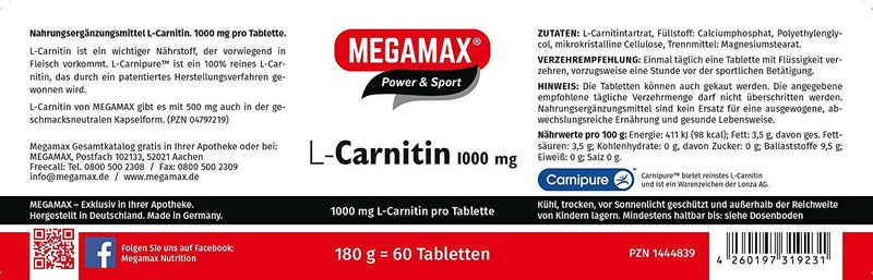 Megamax L Carnitine 1000 mg Tablets Pack of 60 - NewNest Australia