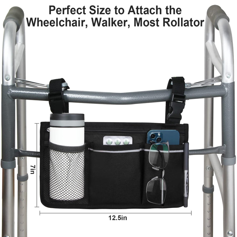 Wheelchair Side Organizer Storage Bag Armrest Pouch with Cup Holder and Reflective Stripe Use Waterproof Fabric, for Most Wheelchairs, Walkers or Rollators (Black) Black - NewNest Australia