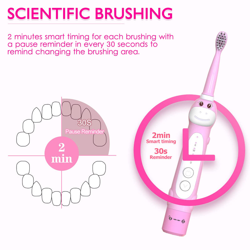 Dinosaur Toothbrush, Kids Sonic Electric Toothbrush for Children, Toddlers Boys Girls Age 3-12 with 30s Reminder, 2 Mins Timer, 5 Modes, 6 Brush Heads, Rechargeable, Wall-Mounted Holder 8680 Pink+ 6 Heads+ Holder(package Might Vary) - NewNest Australia