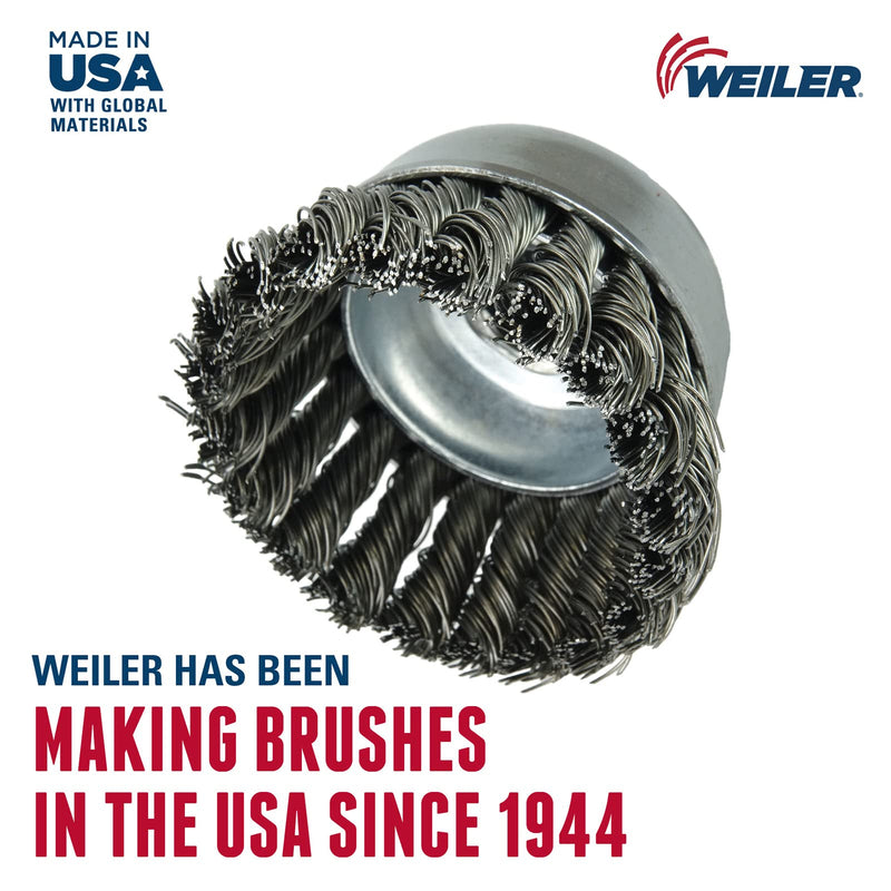 Weiler 13021 2-3/4" Single Row Knot Wire Cup Brush, .014" Steel Fill, 3/8"-24 UNF Nut, Made in the USA 2-3/4" Dia .014" Wire Size x 1" Trim Length - NewNest Australia